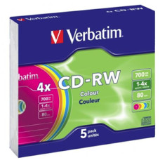 Verbatim CD-RW 700MB 2-4x Multi Colour 5 Pack with Slim Cases