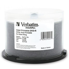 Verbatim DVD-R 4.7GB 16x White Wide Inkjet Printable 50pk on Spindle